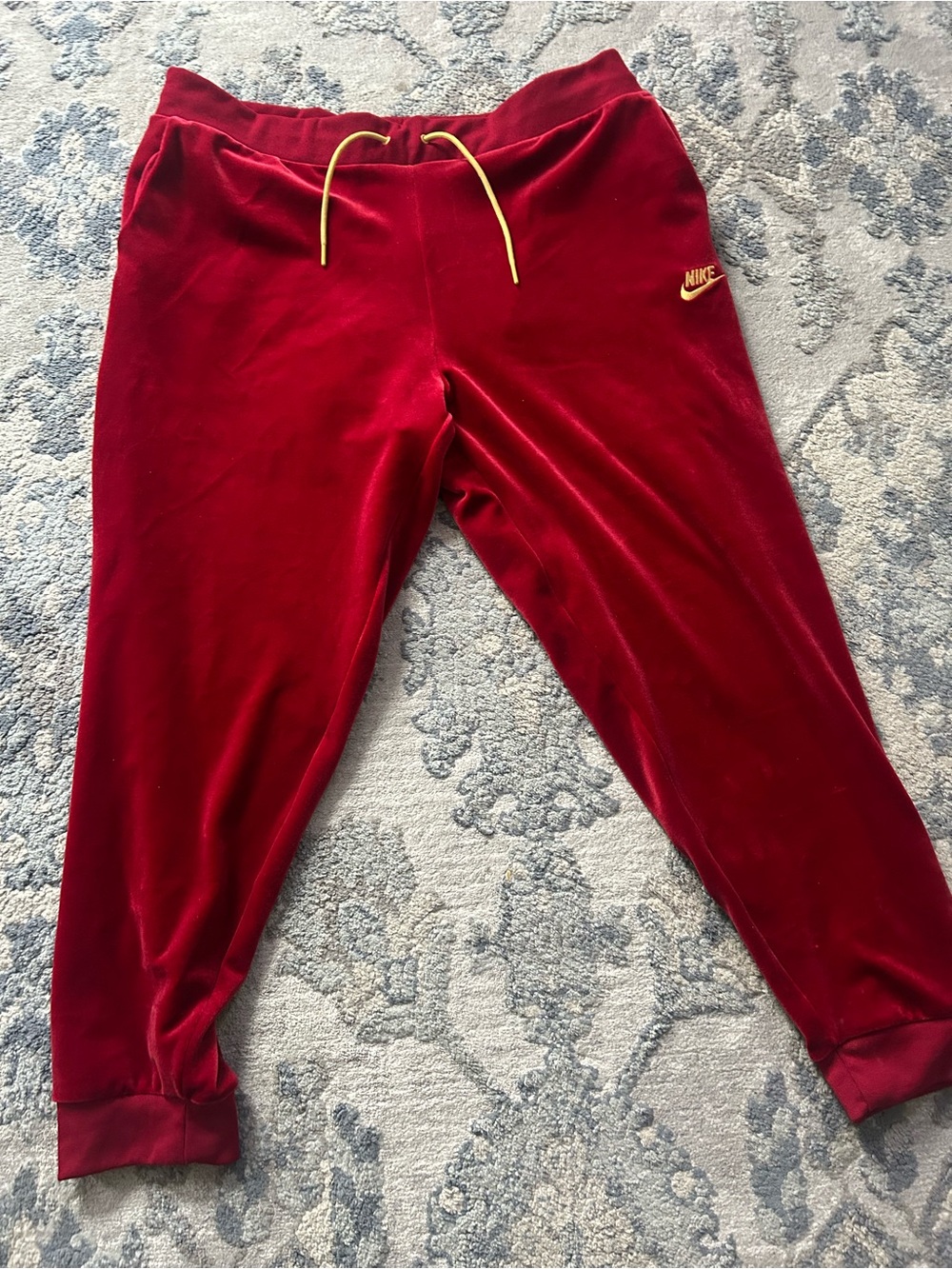 Nike Red Velour Joggers with Yellow Drawcord and Logo